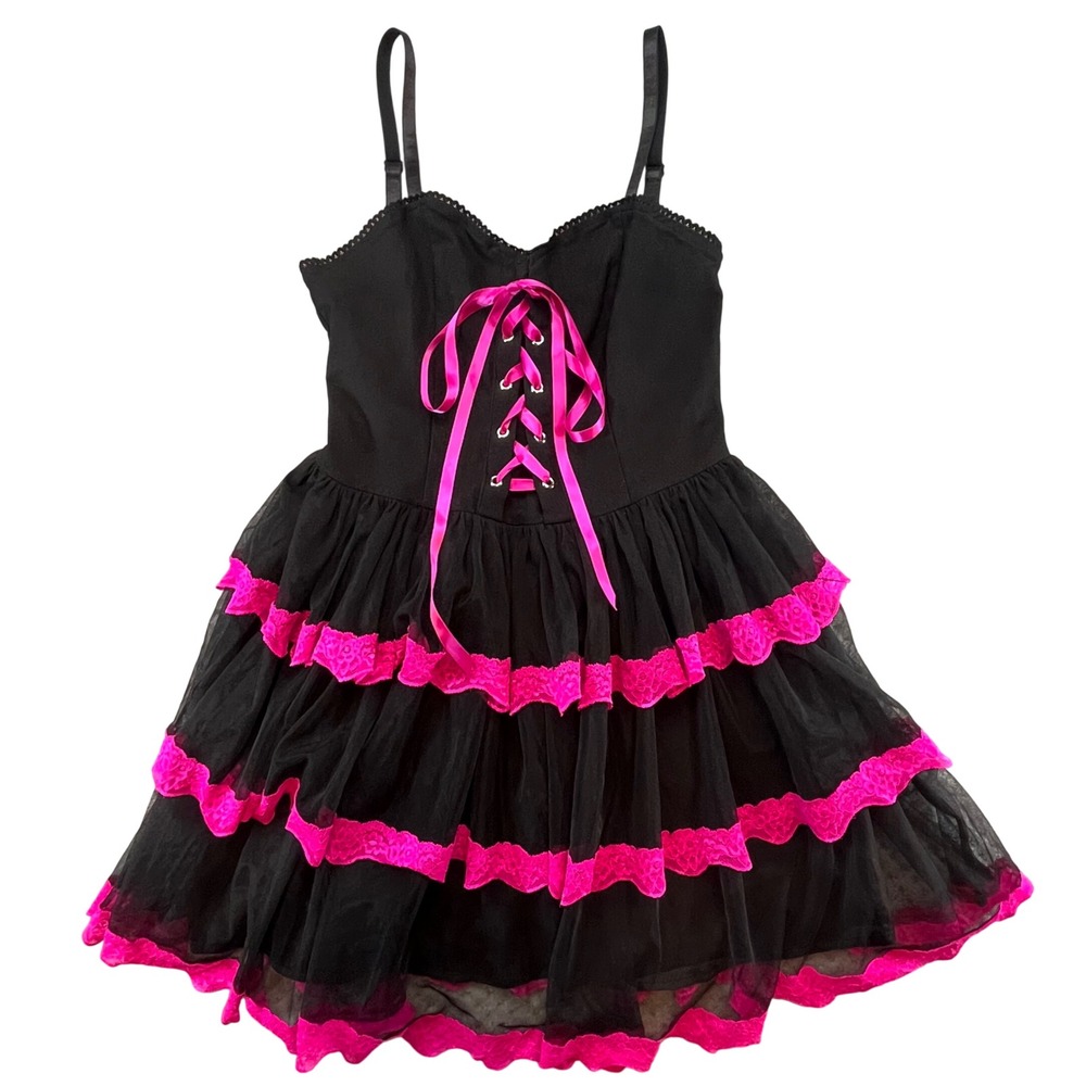 The Graveβ Girls Women Mini Dress Black Pink Lace Up Tiered Mesh Mall Goth S